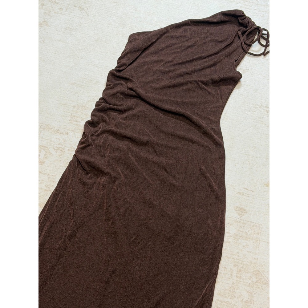 RNWY Brown One Shoulder Ruched Maxi Dress Side Slit Metallic Slinky M US 6 - Picture 8 of 10